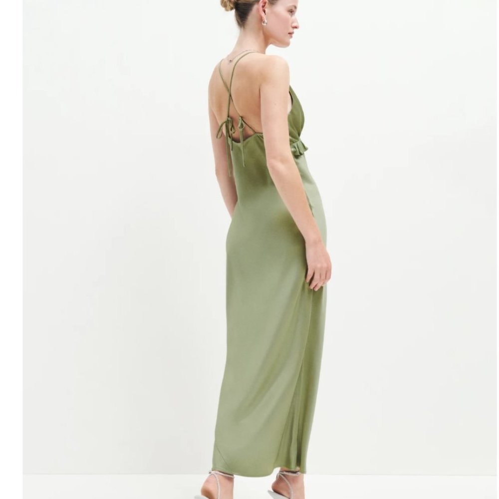 Reformation Madrigal Satin Dress in Artichoke